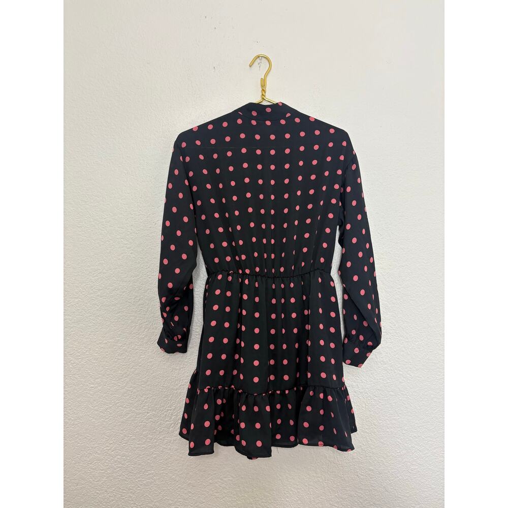 Zara Black Pink Polka Dot Long Sleeve Mini Dress Size XS Asymmetrical Button - Picture 13 of 14